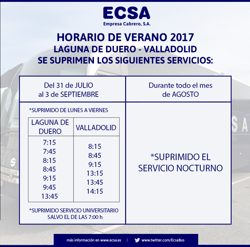 Horario Laguna de Duero Verano 2017